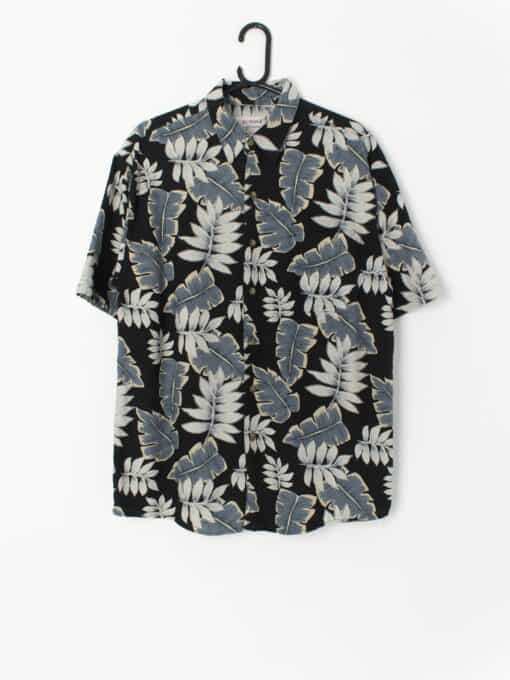 Vintage Hawaiian Shirt Silk And Cotton Black With Large Leaf Pattern In Shades Of Blue Medium