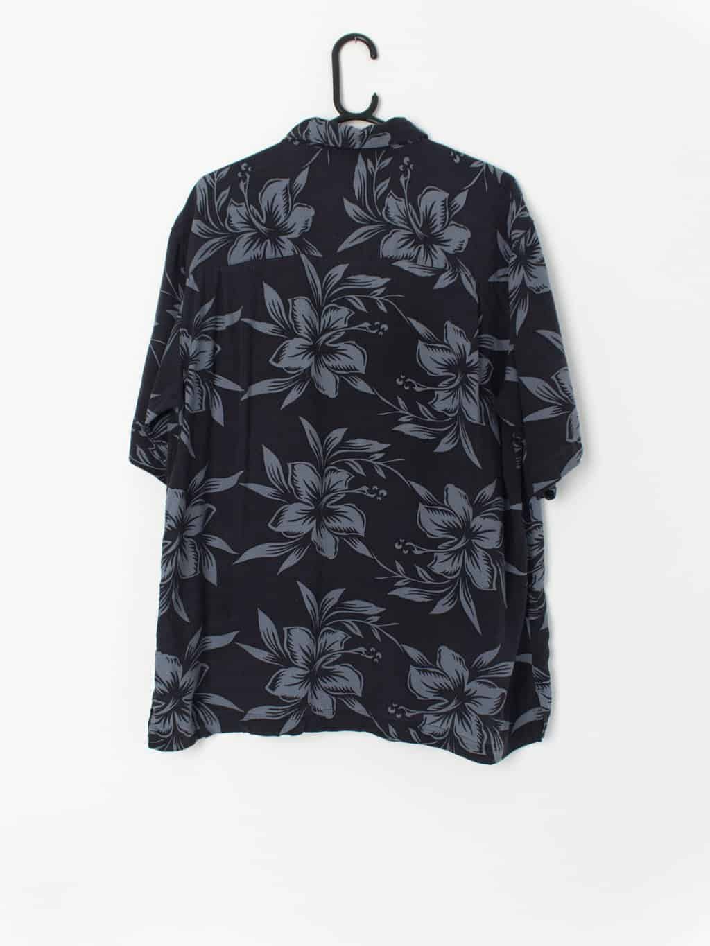 Vintage Hawaiian Shirt Silk Dark Navy And Blue Floral Print Medium 3