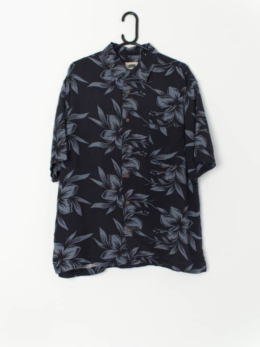 Vintage Hawaiian Shirt Silk Dark Navy And Blue Floral Print Medium