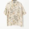 Vintage Hawaiian Shirt Silk Soft Cream With Large Leaf Print In Muted Greens And Yellow Large