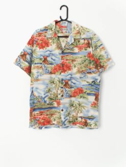 Vintage Hilo Hattie Hawaiian Shirt With Island Scene Including Female Figure Medium Large