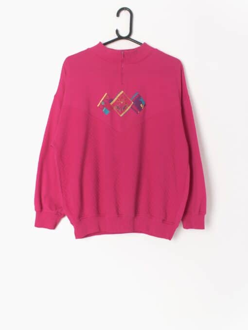 Vintage Hot Pink Sweatshirt 1 4 Zip With Textured Fabric And Spring Floral Motif Medium