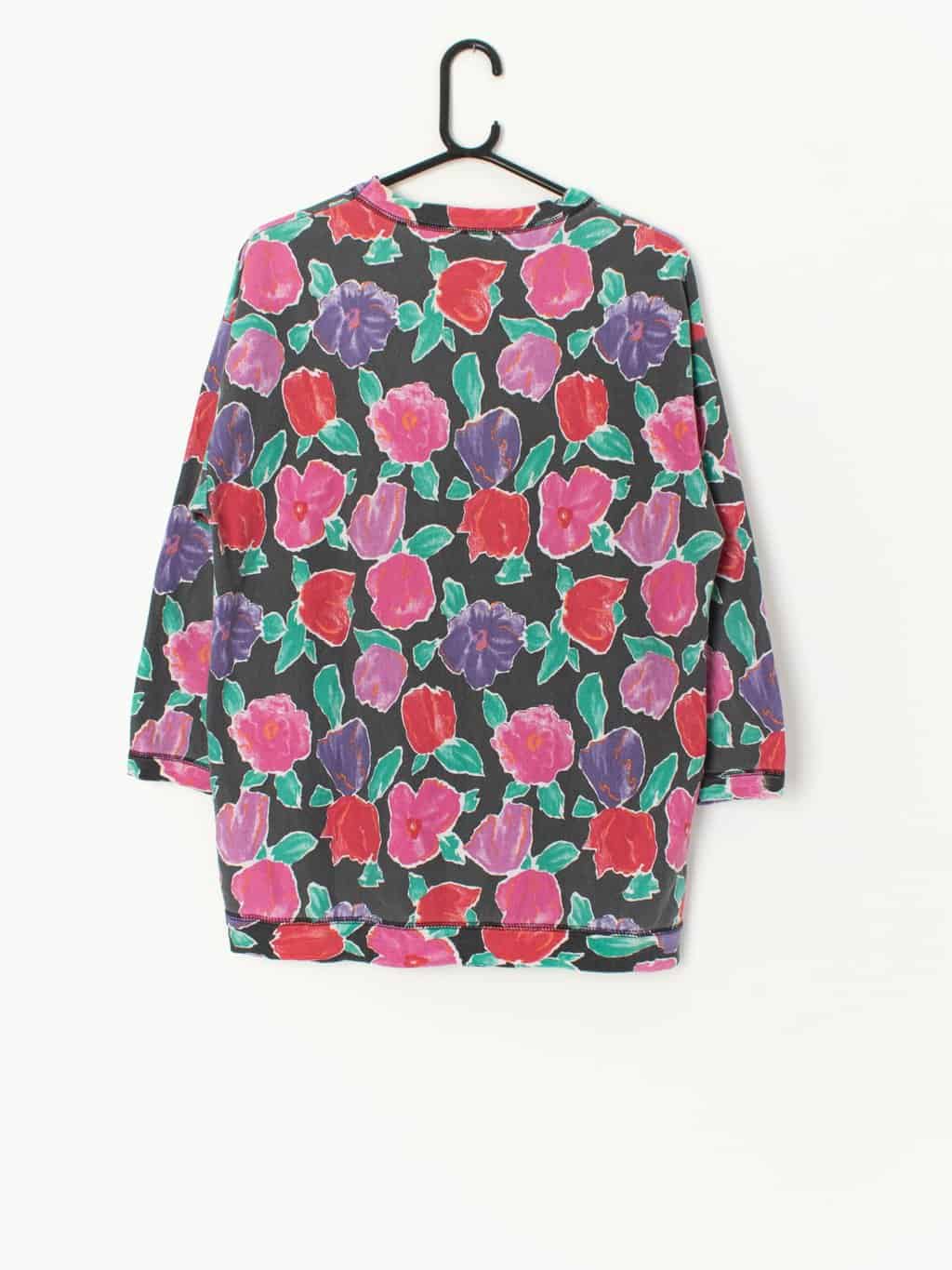 Vintage Long Sleeve Top With Vibrant Pink Red And Purple Floral Print Medium Large 3