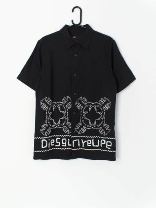 Vintage Men Printed Graphic Diesel Shirt In Black With White African Inspired Pattern Medium
