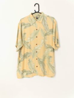 Vintage Mens Hawaiian Pastel Yellow Shirt With Soft Green Large Leaf Design 100 Silk Medium