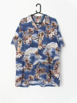 Vintage Mens Hawaiian Shirt Blue With Ukulele Palm Tree And Cloud Design Made In Hawaiian Usa Xl