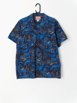 Vintage Mens Hawaiian Shirt In Royal Blue With Gold Floral Print Made In Hawaii Medium