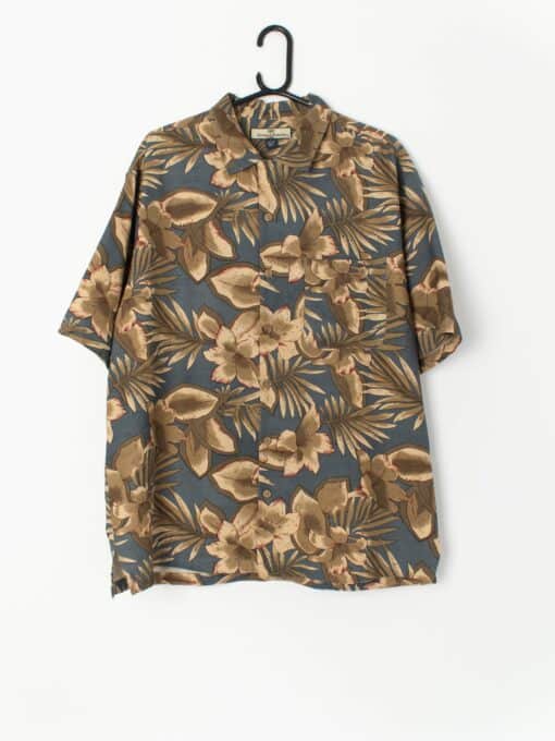 Vintage Mens Silk Hawaiian Shirt Blue With Olive Green Large Leaf And Flower Print Medium Large