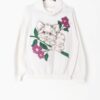 Vintage Novelty Sweatshirt With Cute White Cat Kitten And Pink Spring Flowers Medium Large