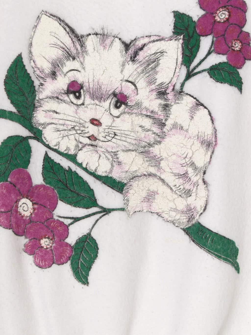 Vintage Novelty Sweatshirt With Cute White Cat Kitten And Pink Spring Flowers Medium Large 2