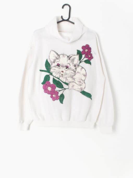Vintage Novelty Sweatshirt With Cute White Cat Kitten And Pink Spring Flowers Medium Large