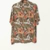 Vintage Olive Green Mens Hawaiian Shirt With Orange Red Floral Design And Plant Print Medium