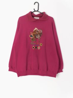 Vintage Pink Collared Sweatshirt With Cute Embroidered Mountain Goat Design By St Michael Large