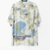 Vintage Printed Silk Shirt With Graphic Tropical Pattern White And Blue Xl