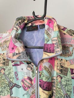 Vintage Silk Bomber Jacket In Pastel Pink With European Adventure City Print Medium Large 2