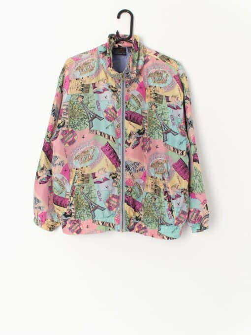 Vintage Silk Bomber Jacket In Pastel Pink With European Adventure City Print Medium Large