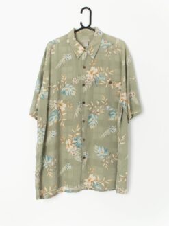 Vintage Silk Hawaiian Shirt Light Green With A Yellow And Bold Blue Leaf And Floral Print Xxl