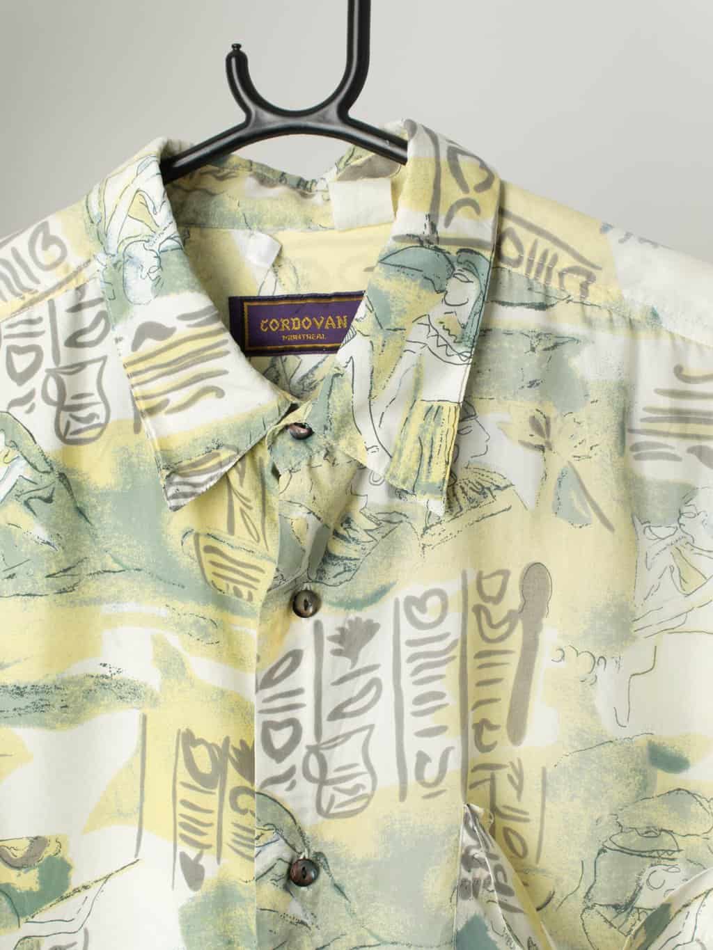 Vintage Silk Hawaiian Shirt With A Pastel Yellow And Green Egyptian Print Xl 2
