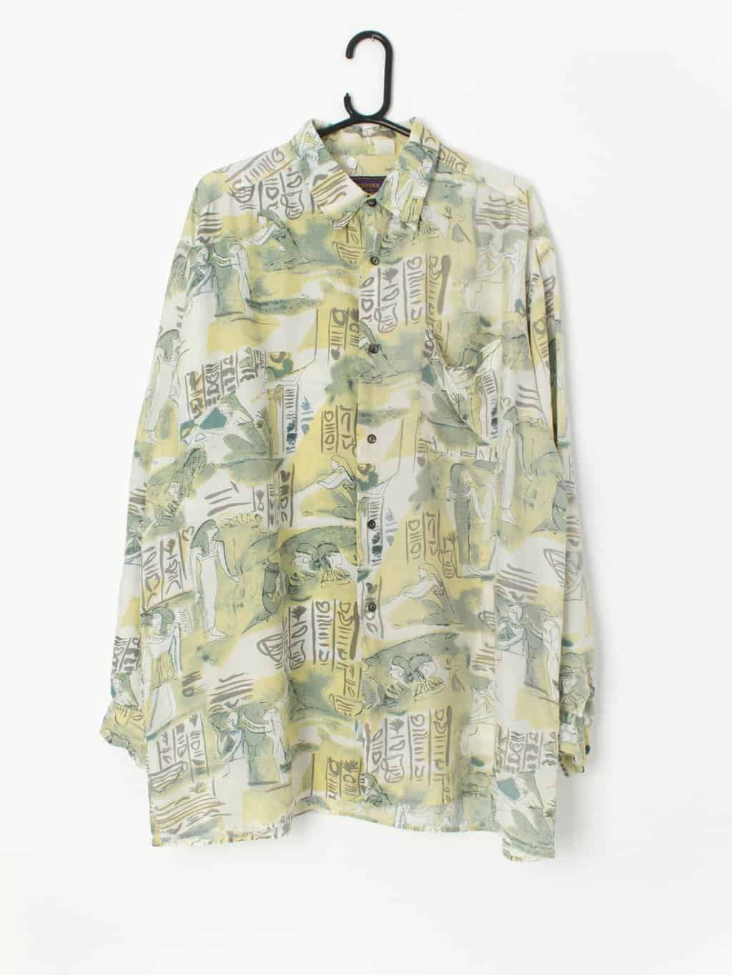 Vintage Silk Hawaiian Shirt With A Pastel Yellow And Green Egyptian Print Xl