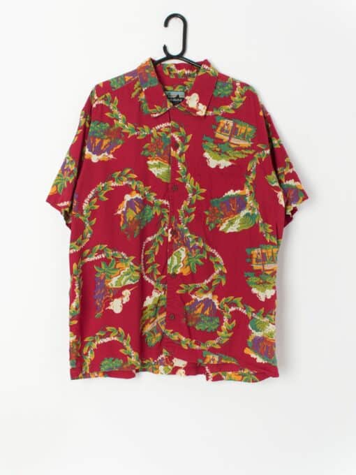 Y2k Vintage Pataloha Red Hawaiian Shirt With Bold Beach House Print Xl Xxl
