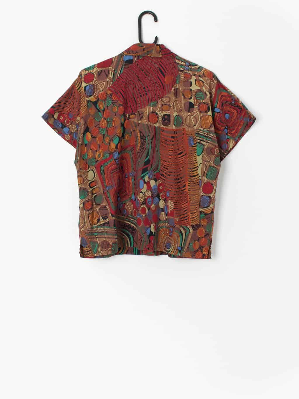 60s Vintage Red Summer Blouse Handmade With Vibrant Artistic Print Large 2