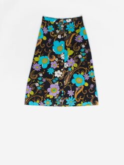 70s Vintage Black Floral Skirt 26 Waist Bark Cloth Mid Length Skirt Small