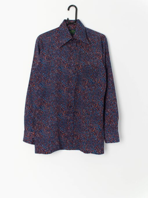 70s Vintage Floral Print Shirt In Navy With Long Sleeves Medium