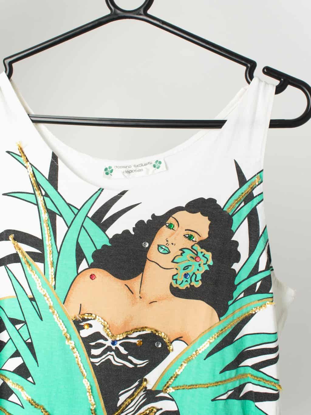 80s Vintage Jewelled Sequinned White Vest Top Small Medium 2