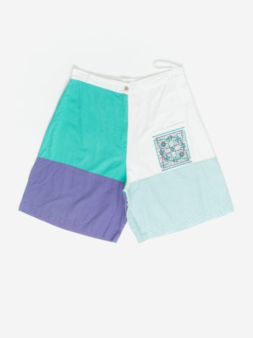 90s Vintage Baggy Cotton Shorts With Green And Purple Colour Block Large