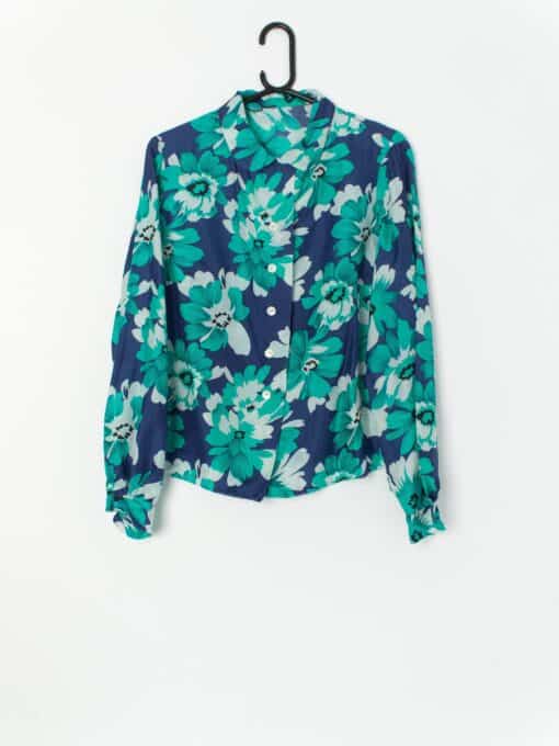 Bold 1960s Handmade Silk Floral Blouse With Peter Pan Collar Large Xl