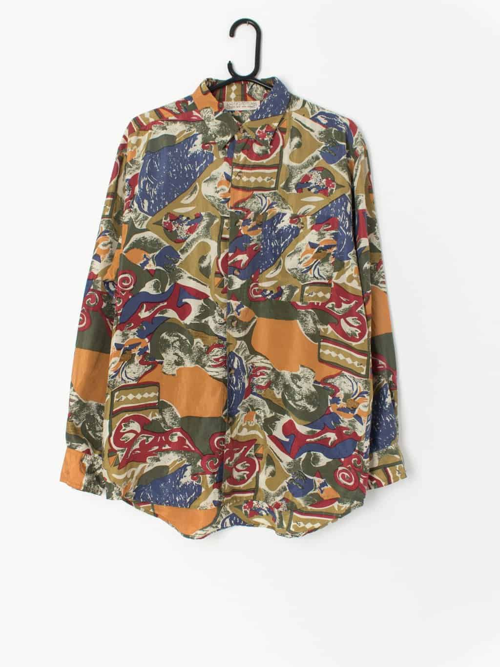 Vintage silk shirt with crazy colourful abstract pattern - Medium - St ...