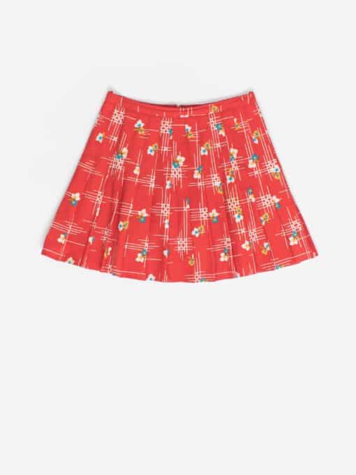 Vintage 70s Pleated Mini Skirt With Red Floral Pattern Medium