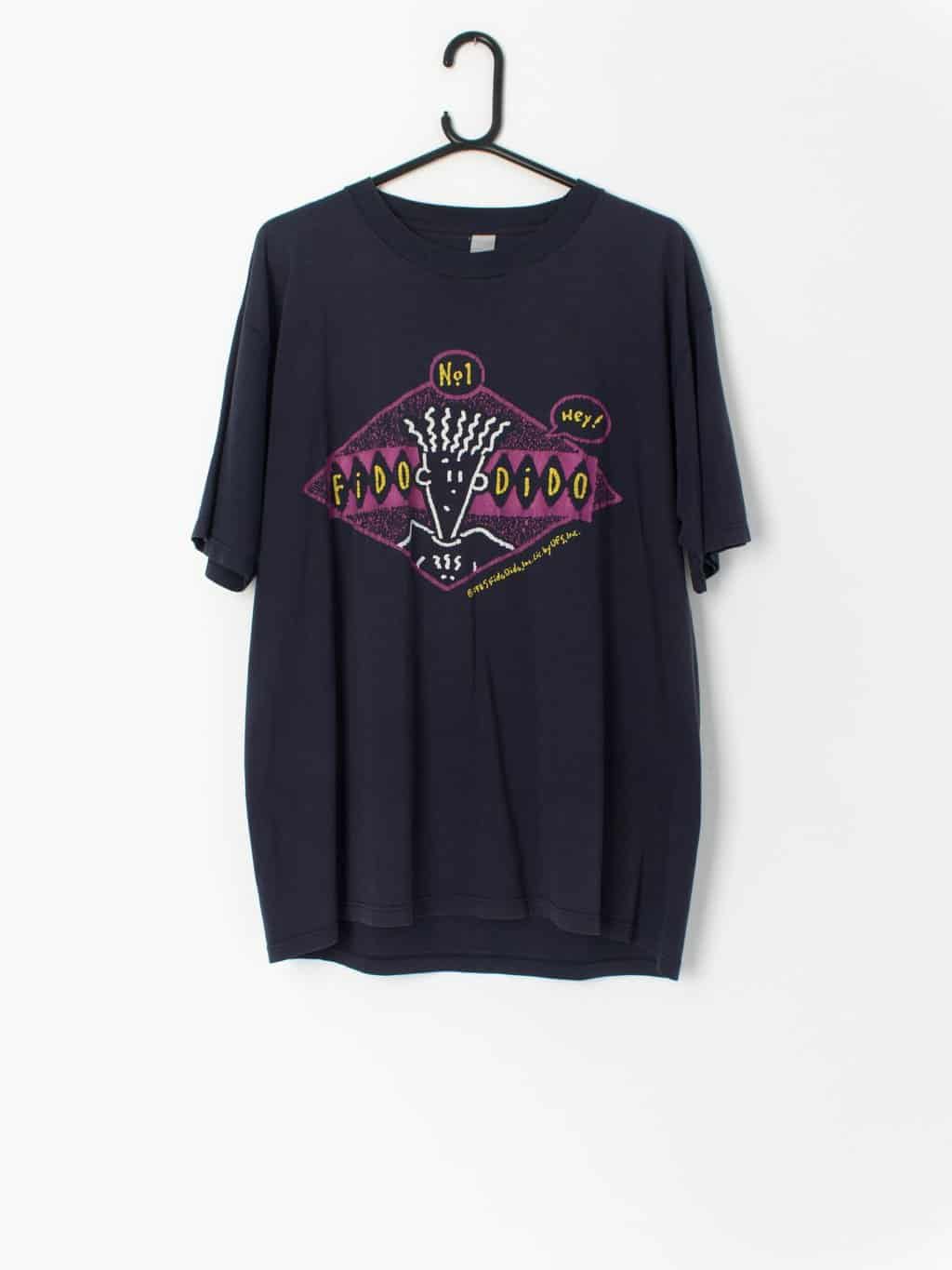 Vintage 80s Fido Dido T Shirt Navy With Bold Purple Print Large Xl