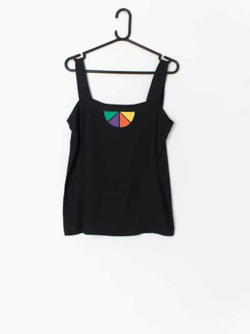 Vintage Black Loose Fit Vest Top With Colourful Motif Small