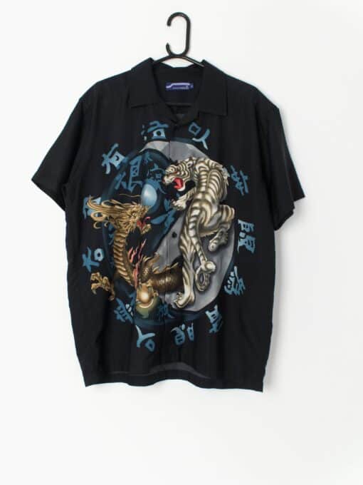 Vintage Dragon Shirt In Black With Tiger And Chinese Print Xl