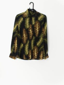 Vintage Fitted Shirt In Black With Green Feather Print Small