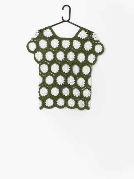 Vintage Green Crochet Vest With A Floral Pattern Small
