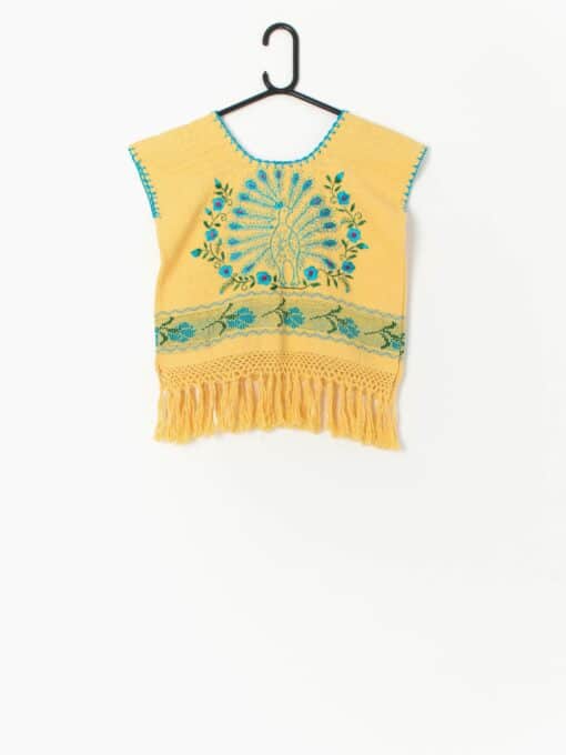 Vintage Handmade Yellow Vest With Embroidered Peacock Design Small