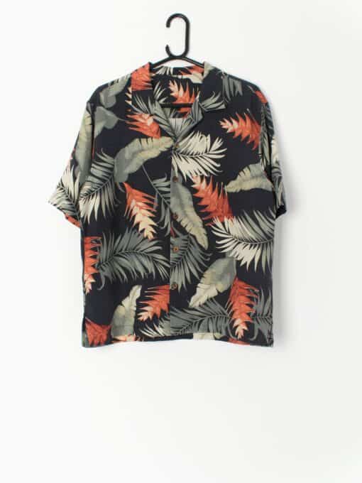 Vintage Hawaiian Shirt In Black With Orange And Green Botanical Print Small Medium