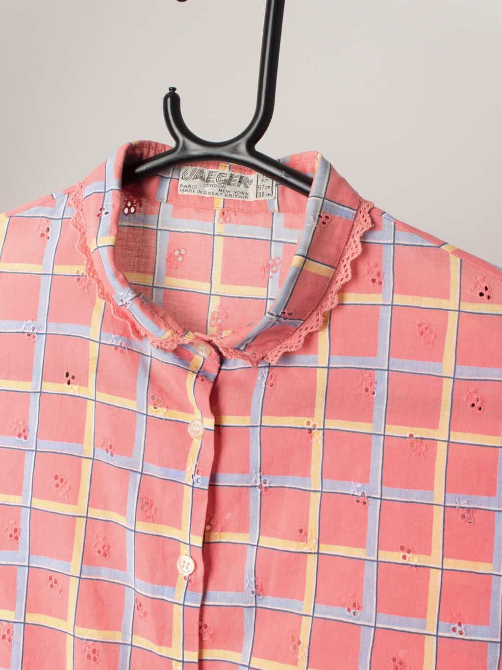 Vintage Pink Checked Blouse With Lace Collar And Floral Stitch By Jaeger Medium 2