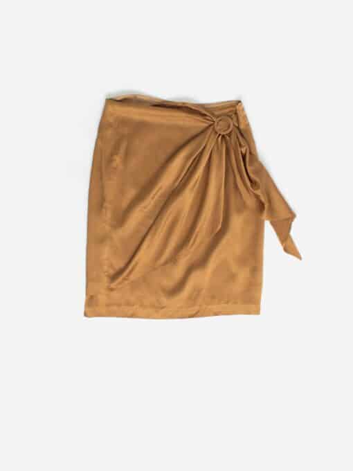 Vintage Silk Wrap Skirt In Golden Bronze With Ruched Detail Small