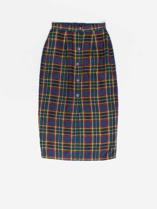 Vintage Tartan Mid Length Skirt Button Through Blue Red Yellow White And Green Small