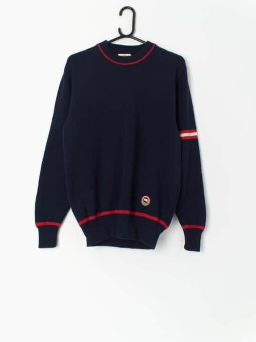 80s Navy Wool Ski Jumper With Red Stripes Made In Austria Medium Large