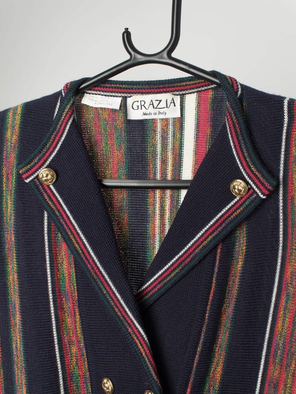 80s Striped Cardigan In Blue Red And Green With Gold Double Button Detail By Grazia Made In Italy Large 2