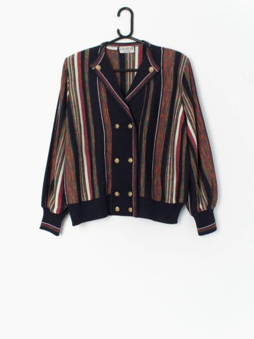 80s Striped Cardigan In Blue Red And Green With Gold Double Button Detail By Grazia Made In Italy Large