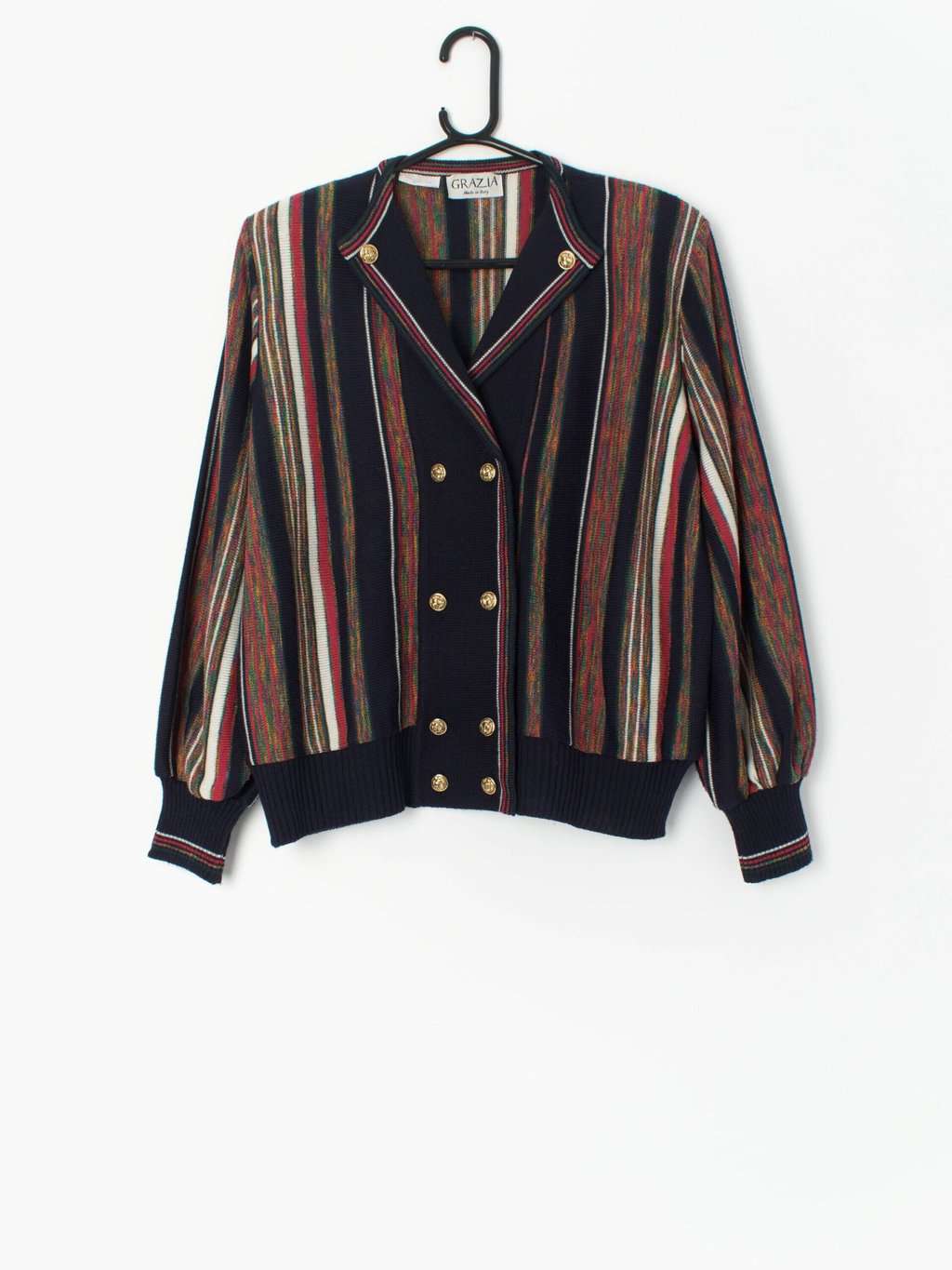 80s striped cardigan in blue, red and green with gold double 80s striped cardigan in blue, red and green with gold double