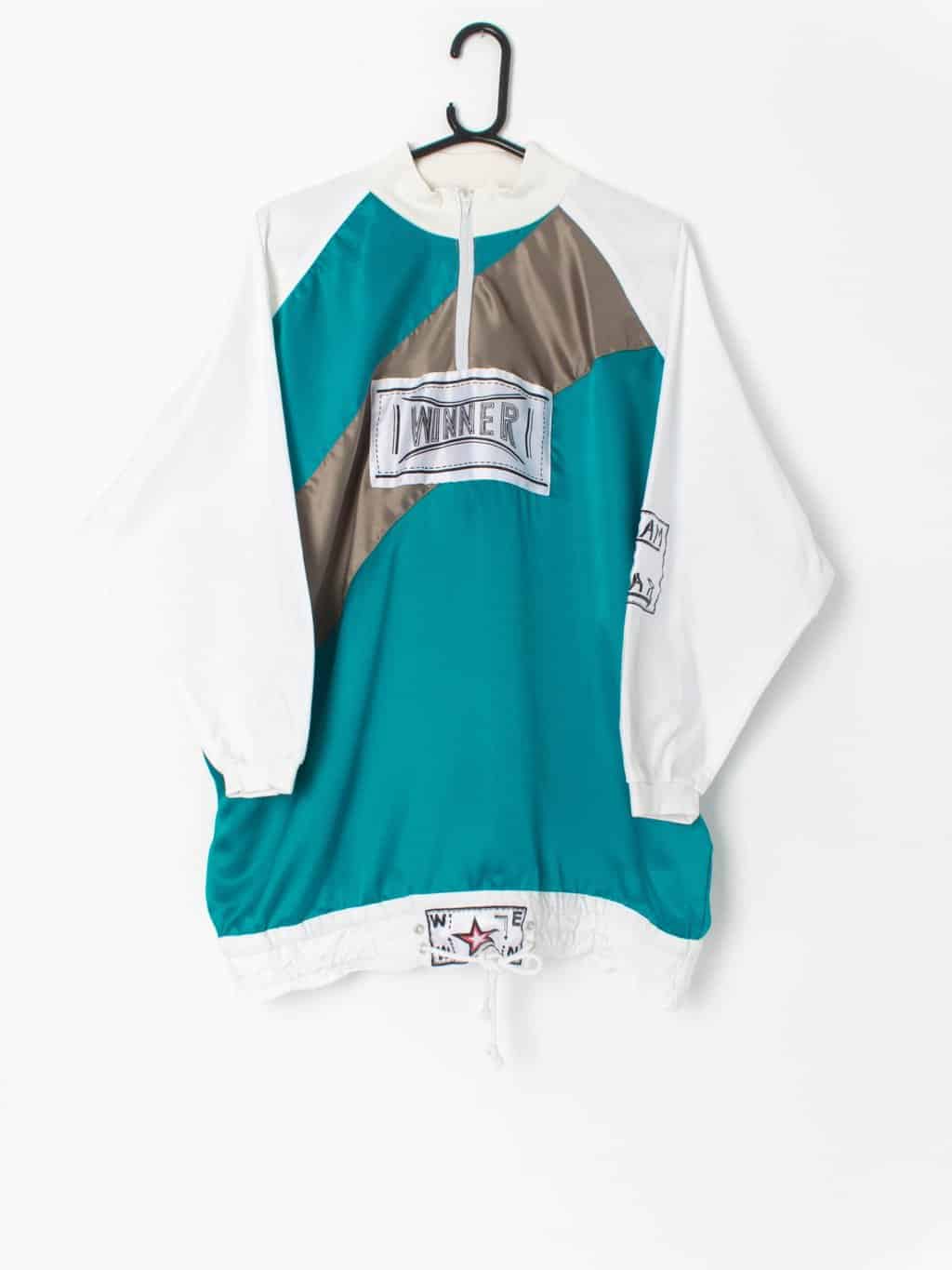 80s Vintage Track Jacket In Teal Blue Grey Bronze And White Xl