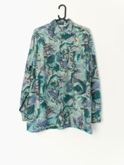 90s Green Silk Shirt With Crazy Artistic Paintbrush Pattern Medium Large