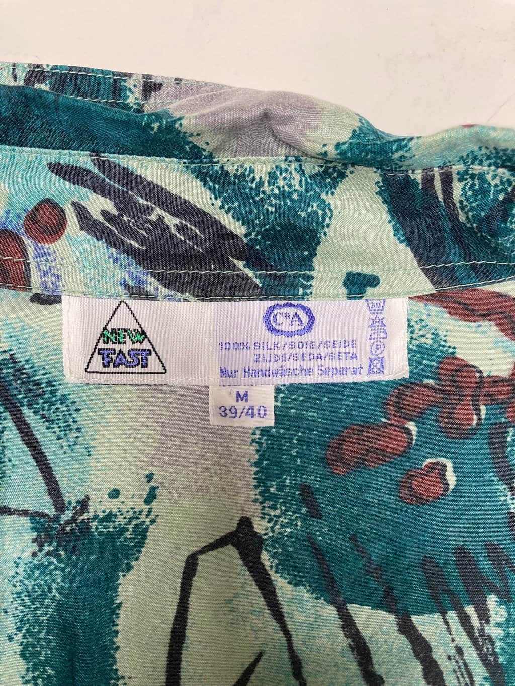 90s Green Silk Shirt With Crazy Artistic Paintbrush Pattern Medium Large 4