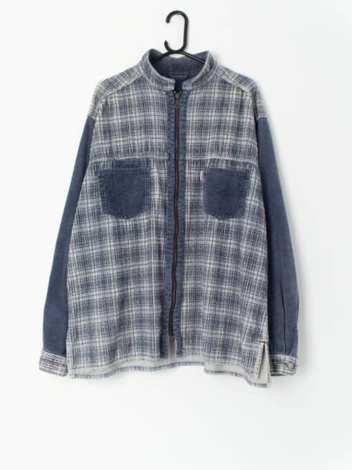 90s Jumbo Cord Overshirt In Blue And White Plaid With Zip Up Front Xl 2xl